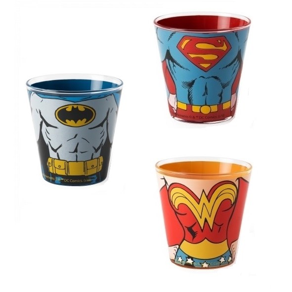 Set 3 Bicchiere acqua vetro supereroi Batman Superman e Wonder