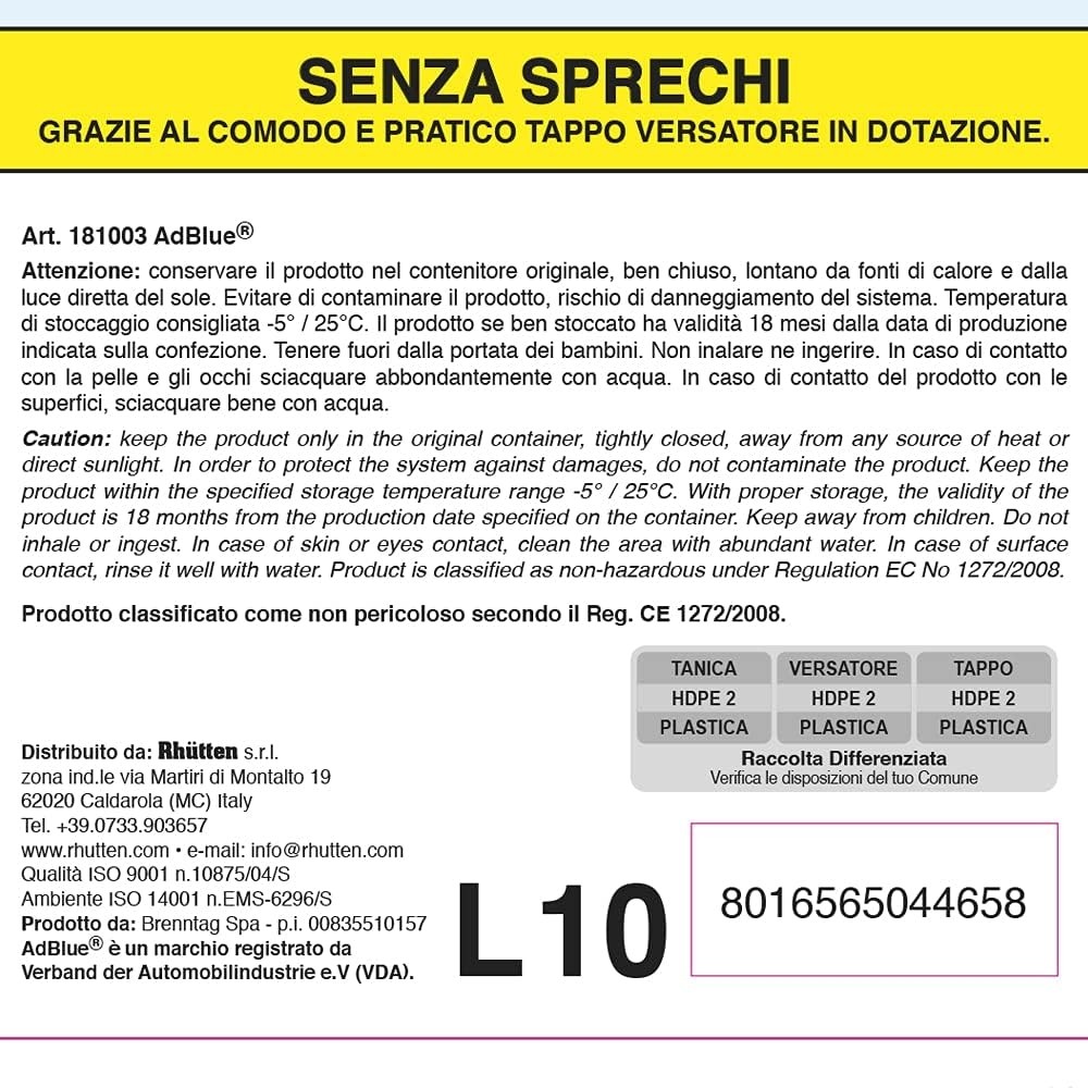 Acquista online Rhütten AdBlue pour moteurs diesel, additif avec bouchon verseur 10 Lt. Rhutten